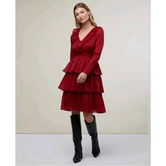 Rachel Parcell Womens Ruffle Tiered Midi Dress Sz 6 Bergundy Polka Dot Romantic - Picture 5 of 6